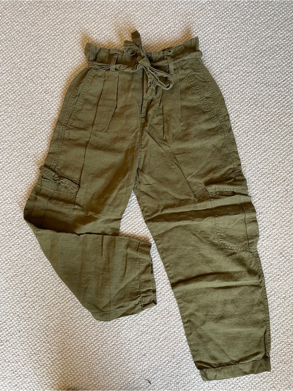 Zara Linen Wide Leg High Rise Dark Olive Green Cargo Cropped Flowy Pants